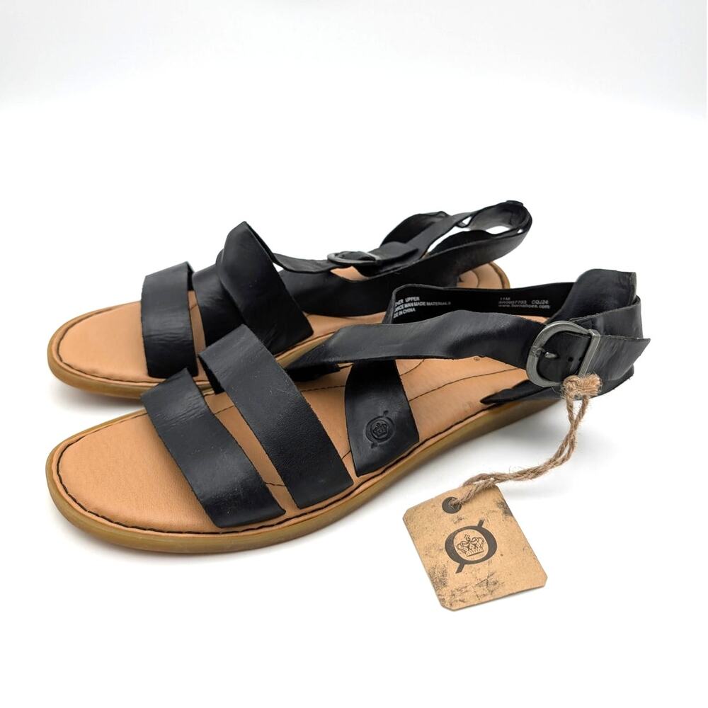Born Imogen Ankle Strap Flat Sandals Open Toe Women's Black Size US11M EU41.5